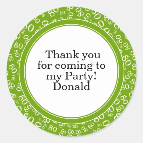 Your Text 80th Random Number Pattern Green/White Classic Round Sticker
