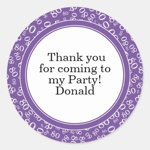 Your Text 80th Random Number Pattern Purple/White Classic Round Sticker