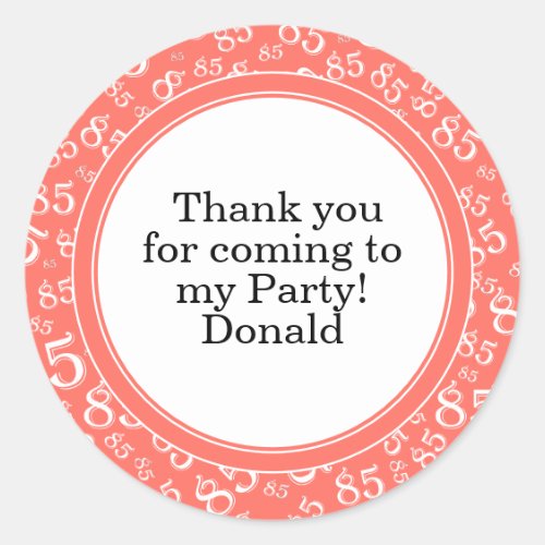 Your Text 85th Random Number Pattern Coral/White Classic Round Sticker