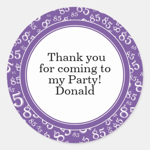 Your Text 85th Random Number Pattern Purple/White Classic Round Sticker