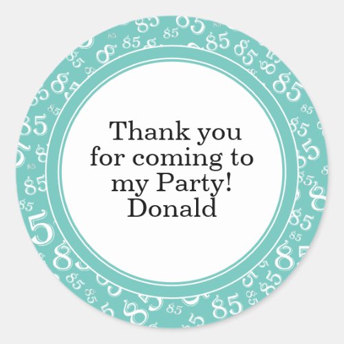 Your Text 85th Random Number Pattern Teal/White Classic Round Sticker