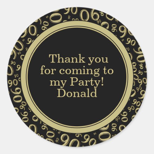 Your Text 90th Random Number Pattern Black/Gold Classic Round Sticker