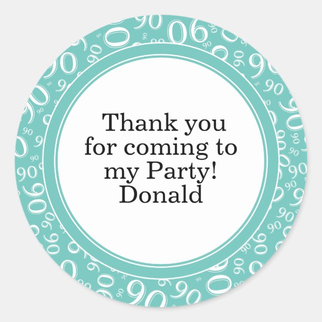  Your Text 90th Random Number Pattern Teal/White Classic Round Sticker (Front)