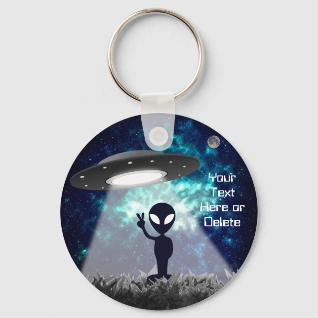 Your Text Alien Peace Sign UFO Planet Blue Galaxy  Keychain (Front)