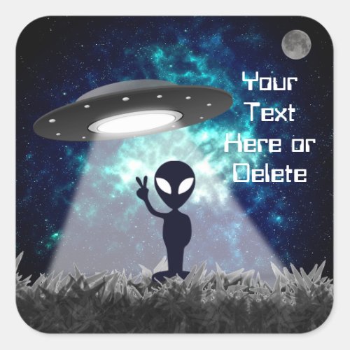 Your Text Alien Peace Sign UFO Planet Blue Galaxy Square Sticker