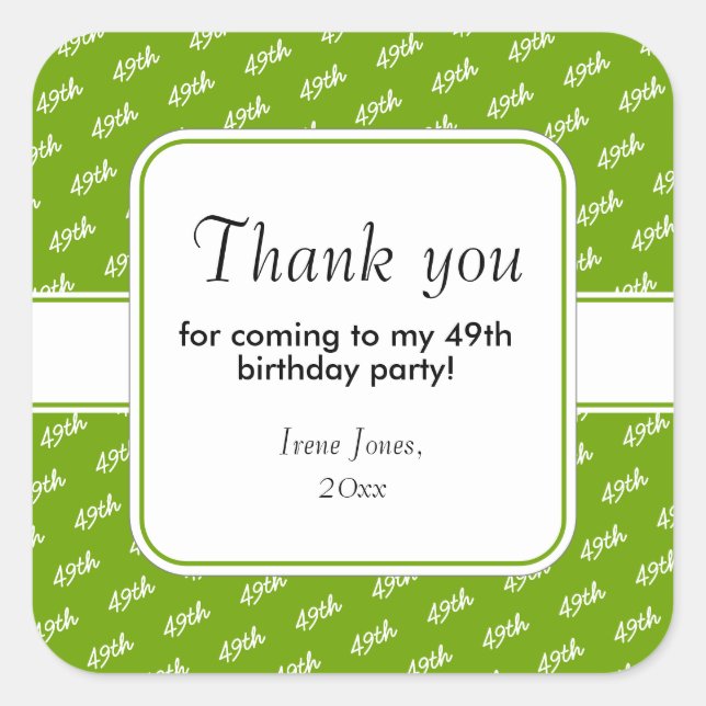 Your Text:  Birthday Number Pattern Green/White Square Sticker (Front)