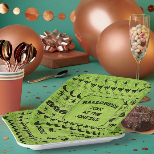 Your Text BlackGreen Halloween Iconic Pattern Paper Plates