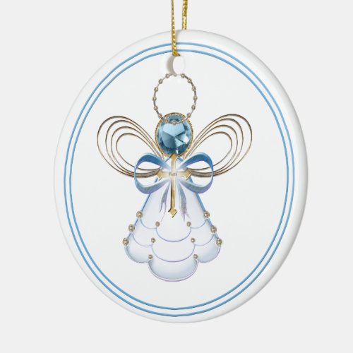 Your Text  Blue Filigree Christmas Angel of Faith Ceramic Ornament