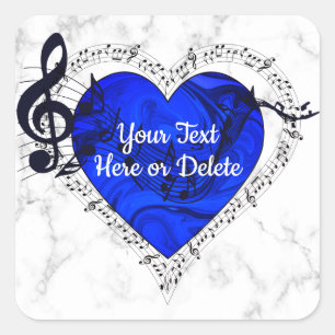 Your Text Blue Heart Treble Clef Music on Marble Square Sticker