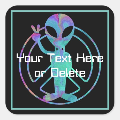 Your Text Blue Tie Dye Alien Peace Sign Cute SciFi Square Sticker