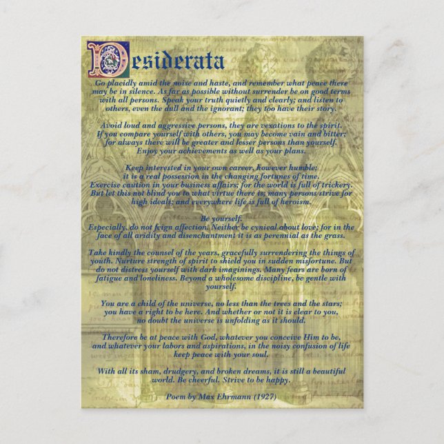 Your Text/Color Inspirational Gold Desiderata Poem Postcard (Front)