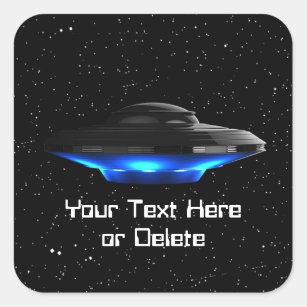 Your Text Cool Blue Alien Flying Saucer Space UFO Square Sticker