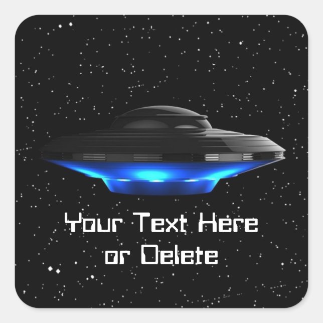 Your Text Cool Blue Alien Flying Saucer Space UFO Square Sticker (Front)