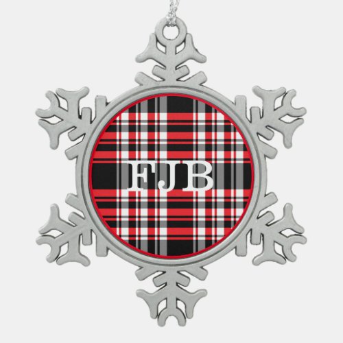 Your Text Cute Red  Black Plaid Monogram Snowflake Pewter Christmas Ornament