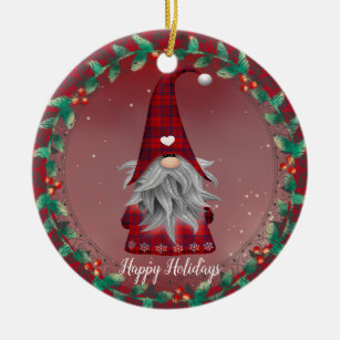 Your Text Cute Red Plaid Gnome & Snowflake Holiday Ceramic Ornament
