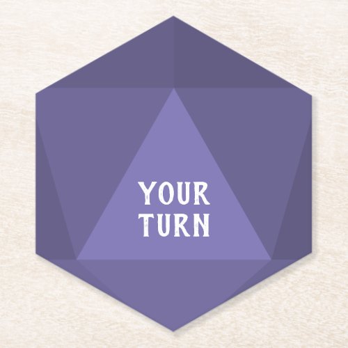 Your Text  D20 Gaming Dice  Geometric Purple Paper Coaster
