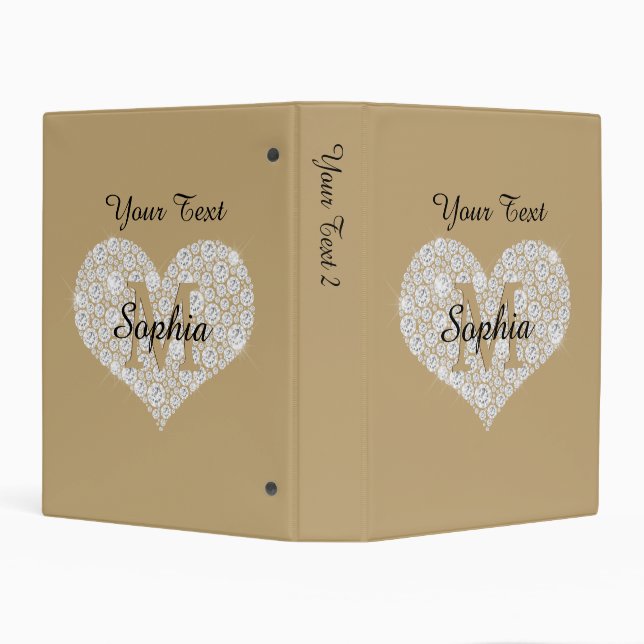 Your Text, Diamond Heart, Gold Monogram, Name Mini Binder (Background)
