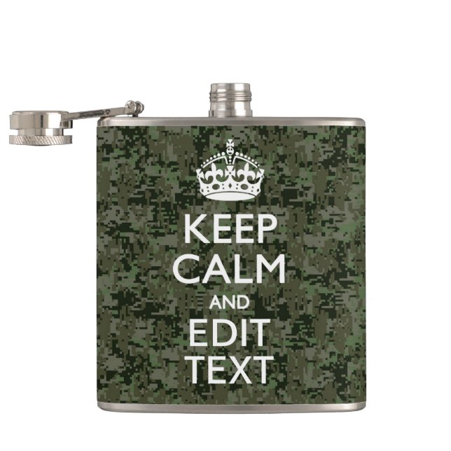 Your Text Digital Camouflage Olive Green Keep Calm Flask (Opened)
