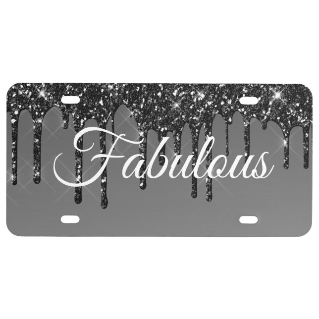 Your Text Drip Glitter Black Grey License Plate (Front)