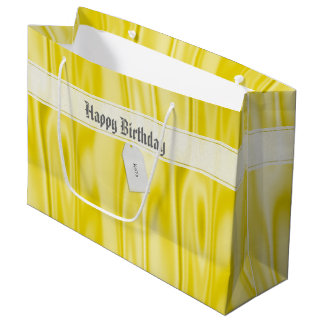 Your Text | Elegant Happy Birthday Yellow Satin Large Gift Bag