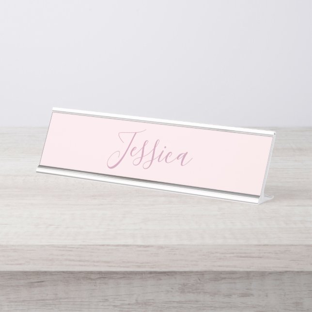 Your Text | Elegant Script & Soft Blush Pink Desk Name Plate (Front)