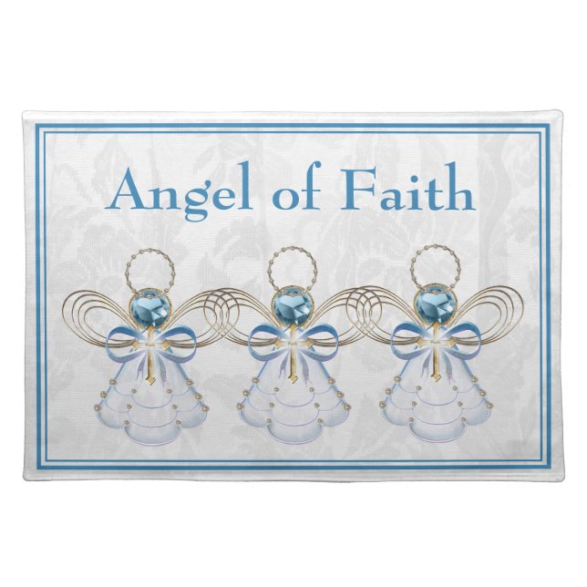 Your Text: Filigree Christmas Angel of Faith Blue Cloth Placemat (Front)