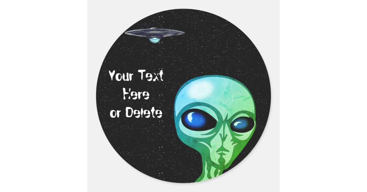 Your Text & Font Cool Green Alien Silver UFO Classic Round Sticker | Zazzle