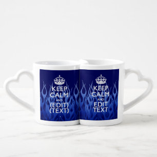 Your Text for Keep Calm on Blue Racing Flames Coffee Mug Set