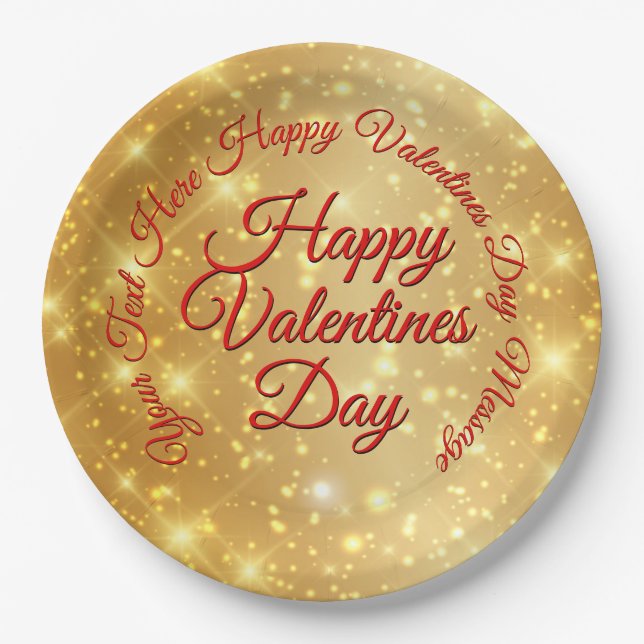 Your TEXT Gold Valentines Day Message  Large 9" Paper Plates (Front)