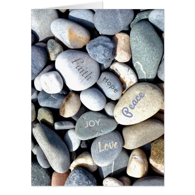 Your Text Joy Hope Peace Faith Love Pebbles Card (Front)