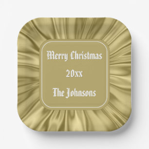 Your text: "Merry Christmas" Gold Ruched Satin Paper Plates