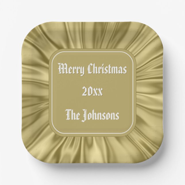 Your text: "Merry Christmas"  Gold Ruched Satin Paper Plates (Front)