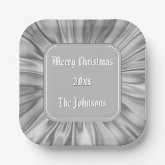 Your text: "Merry Christmas"  Silver Ruched Satin Paper Plates (Front)