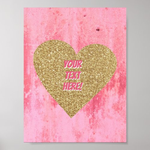 Your Text Name Monogram Pink Gold Glitter Heart Poster