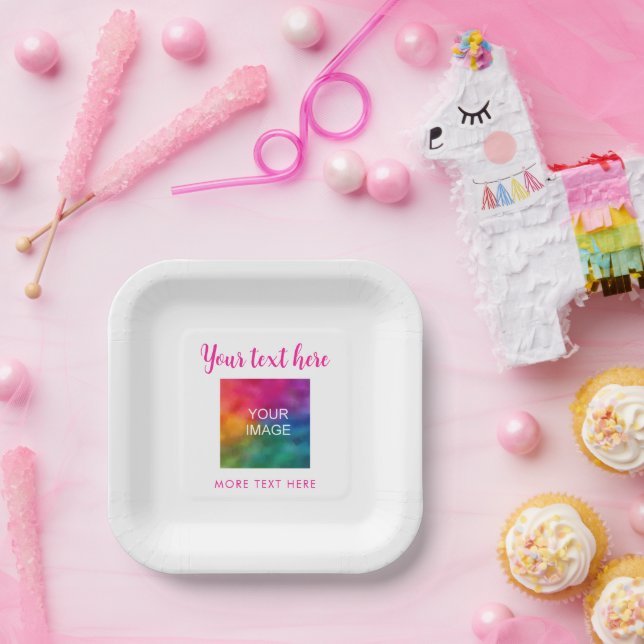 Your Text Name Picture Image Here Pink & White Paper Plates (Party)