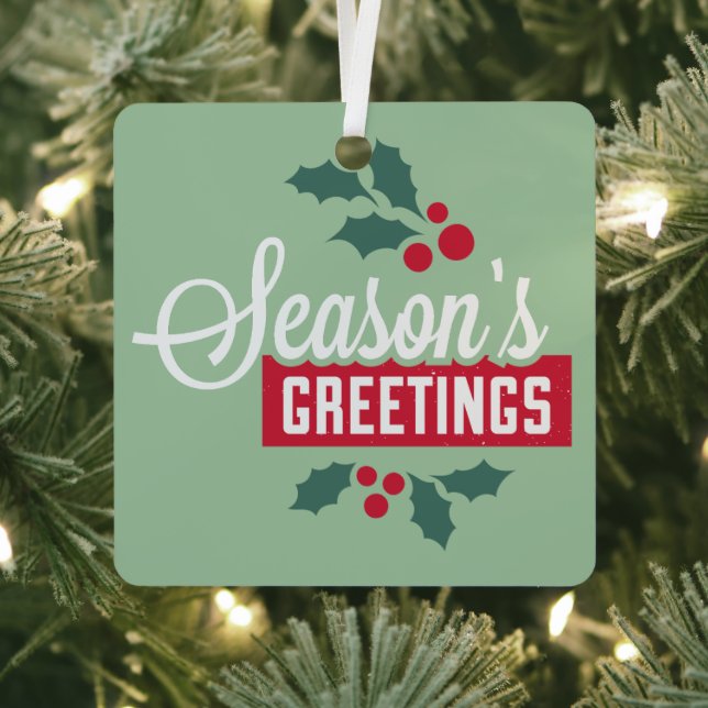 Your Text on Back, Retro Season's Greetings Metal Ornament (Insitu)
