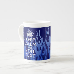 Your Text on Keep Calm on Navy Blue Racing Flames Bone China Mug