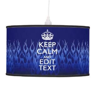 Your Text on Keep Calm on Navy Blue Racing Flames Ceiling Lamp