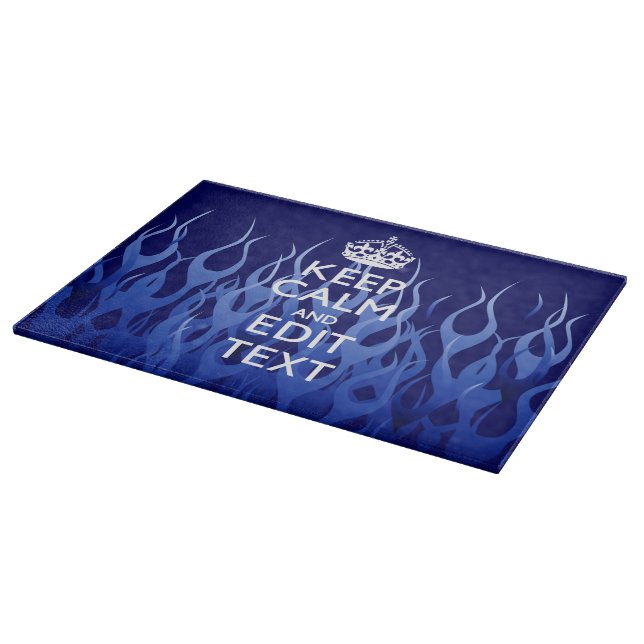 Your Text on Keep Calm on Navy Blue Racing Flames Cutting Board (Corner)