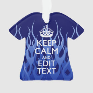 Your Text on Keep Calm on Navy Blue Racing Flames Ornament