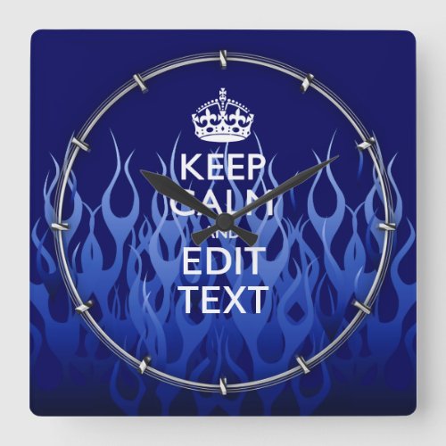 Your Text on Keep Calm on Navy Blue Racing Flames Square Wall Clock