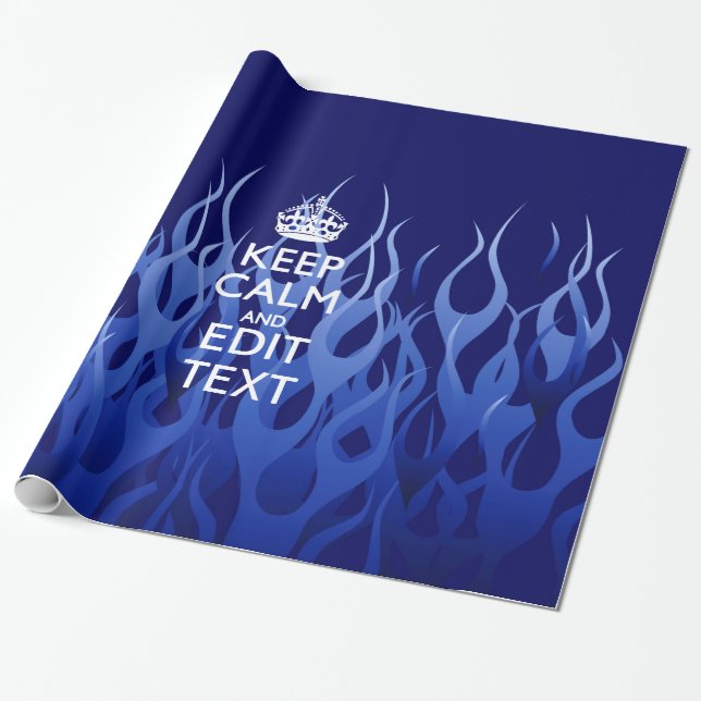Your Text on Keep Calm on Navy Blue Racing Flames Wrapping Paper (Unrolled)