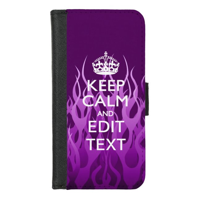 Your Text on Keep Calm on Purple Racing Flames iPhone Wallet Case (Front)