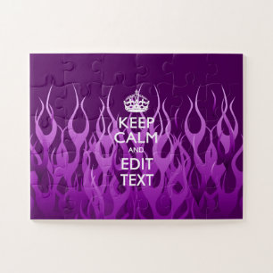 Your Text on Keep Calm on Purple Racing Flames Jigsaw Puzzle
