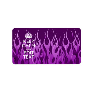Your Text on Keep Calm on Purple Racing Flames Label