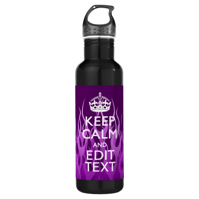 Your Text on Keep Calm on Purple Racing Flames Water Bottle (Front)