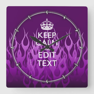 Your Text on Keep Calm Purple Racing Flames Decor Square Wall Clock