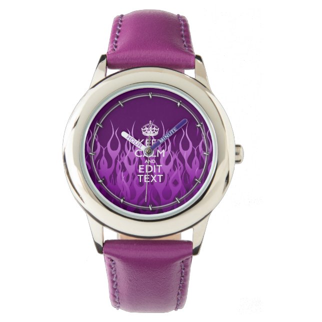 Your Text on Keep Calm Purple Racing Flames Decor Watch (Front)