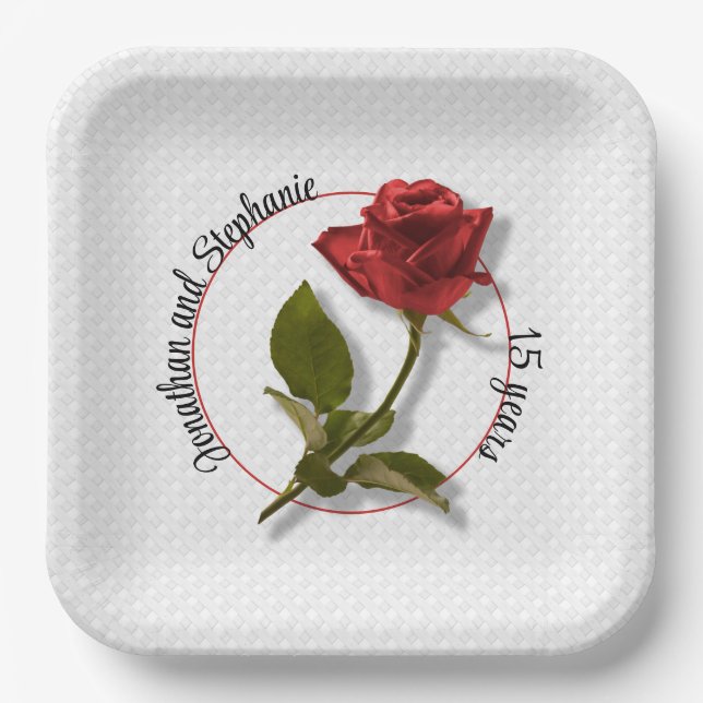 Your Text - One Red Rose  - Romantic Floral photo Paper Plates (Front)