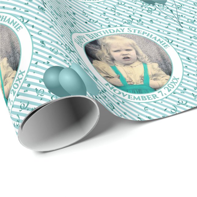 Your Text .Photo Aqua/White Simple Stripes Pattern Wrapping Paper (Roll Corner)